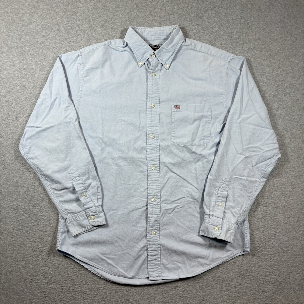 Ralph Lauren Jeans Co Mens L Light Blue Oxford Button Down Shirt RL Flag Vintage